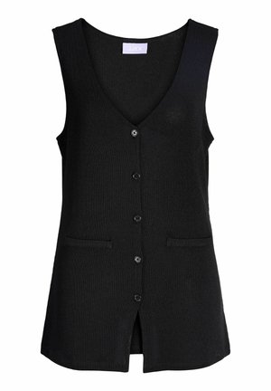 Crni pleteni prsluk bez rukava s V-izrezom, pet dugmadi sprijeda, dva horizontalna džepa na prorez i mali prorez sprijeda na rubu.