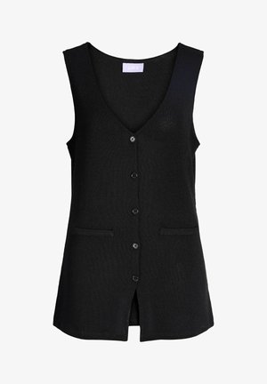 Czarna dzianinowa kamizelka bez rękawów z dekoltem w serek, z pięcioma guzikami z przodu, dwoma poziomymi kieszeniami z rozporkami i małym rozcięciem z przodu na dole.