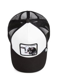 Black and white trucker cap, featuring a cow graphic patch with the word “CASH.” Mesh back and solid black front with curved brim.