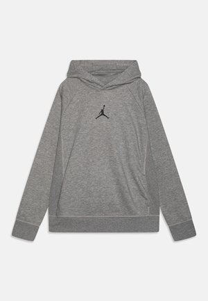 Sudadera gris con capucha de tela suave con mangas raglán y bolsillo frontal; cuenta con un logo negro de Jumpman en el pecho.
