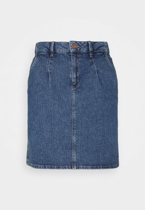Denim knee-length skirt with front button, belt loops, pleats, and front seam detail, in medium blue wash.