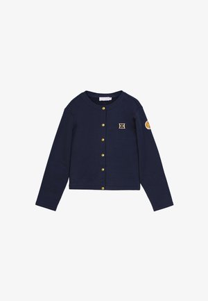Cardigan in cotone blu navy con maniche lunghe, scollatura tonda, chiusura con bottoni dorati e ricamo del logo sul petto e sulla manica.