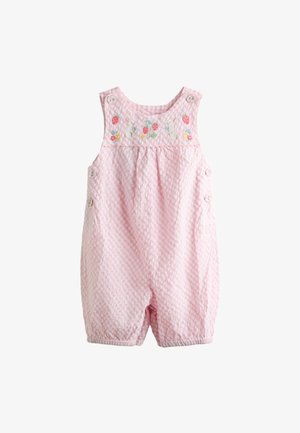 Lyserød gingham babyheldragt med broderede jordbær, blomster og kaniner på brystet, med knapper på skuldre og sider.