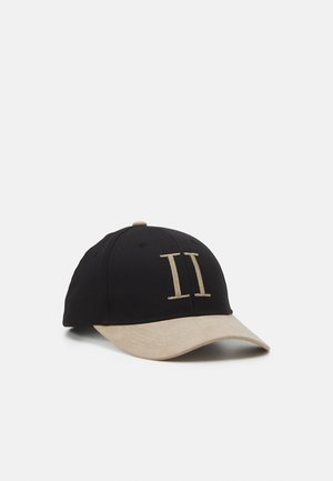 Black baseball cap with beige curved brim and beige Roman numeral II embroidered on front panel.