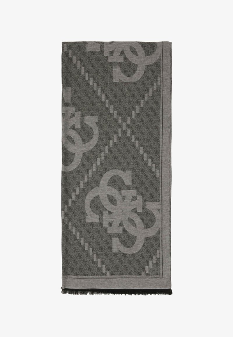 Écharpe grise à motif avec un design géométrique et de grands accents de logo, finie par une bordure frangée noire. Matériau textile doux.