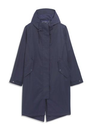 Abrigo largo impermeable azul marino con capucha, cierre delantero con botones a presión y cremallera, bolsillos con solapa y botones a presión, y puños ajustables.