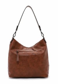 Brązowa skórzana torebka o luźnym fasonie, z plecionym akcentem wzdłuż góry, przednią kieszenią na zamek oraz pojedynczym paskiem na ramię.