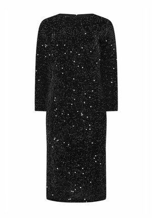 Abito nero con paillettes, dal collo alto, maniche lunghe e silhouette dritta. Il tessuto è decorato con paillettes luccicanti sparse ovunque.