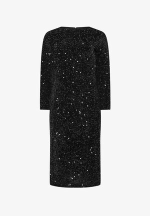 Abito nero con paillettes, dal collo alto, maniche lunghe e silhouette dritta. Il tessuto è decorato con paillettes luccicanti sparse ovunque.