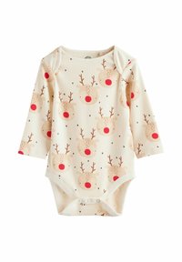 Lyscreme langærmet babybodystocking med ribbet tekstur. Har et rensdyrtryk med røde næser og mørke pletter samt trykknaplukning i bunden.