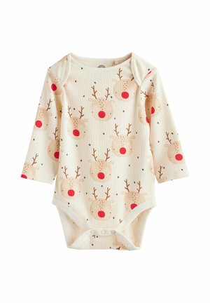 Light cream long-sleeve baby bodysuit with a ribbed texture. Features a reindeer print with red noses and dark dots, snap closure at the bottom.