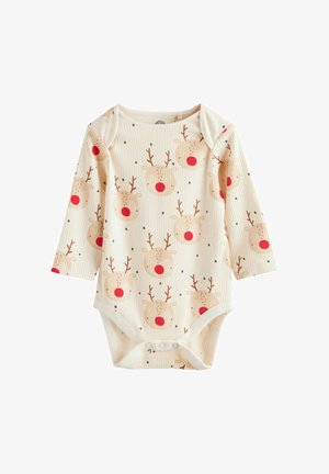 Jasnokremowy body dla niemowląt z długim rękawem o prążkowanej teksturze. Posiada nadruk renifera z czerwonymi noskami i ciemnymi kropkami, zapięcie na napy na dole.
