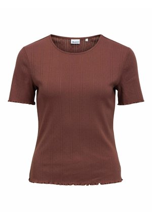 Haut marron à manches courtes pour femme avec de fines lignes verticales texturées et des ourlets légèrement froncés aux manches et au bas.