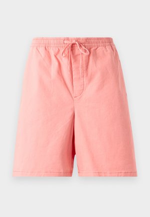 Helle rosa Shorts aus Baumwolle, mit einem elastischen Bund und einem Kordelzug, sowie einer einzigen Vordertasche mit abgestepptem Naht.