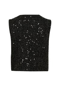 Top senza maniche nero decorato con paillettes brillanti, caratterizzato da una superficie testurizzata e una silhouette dritta, ideale per un abbigliamento serale.