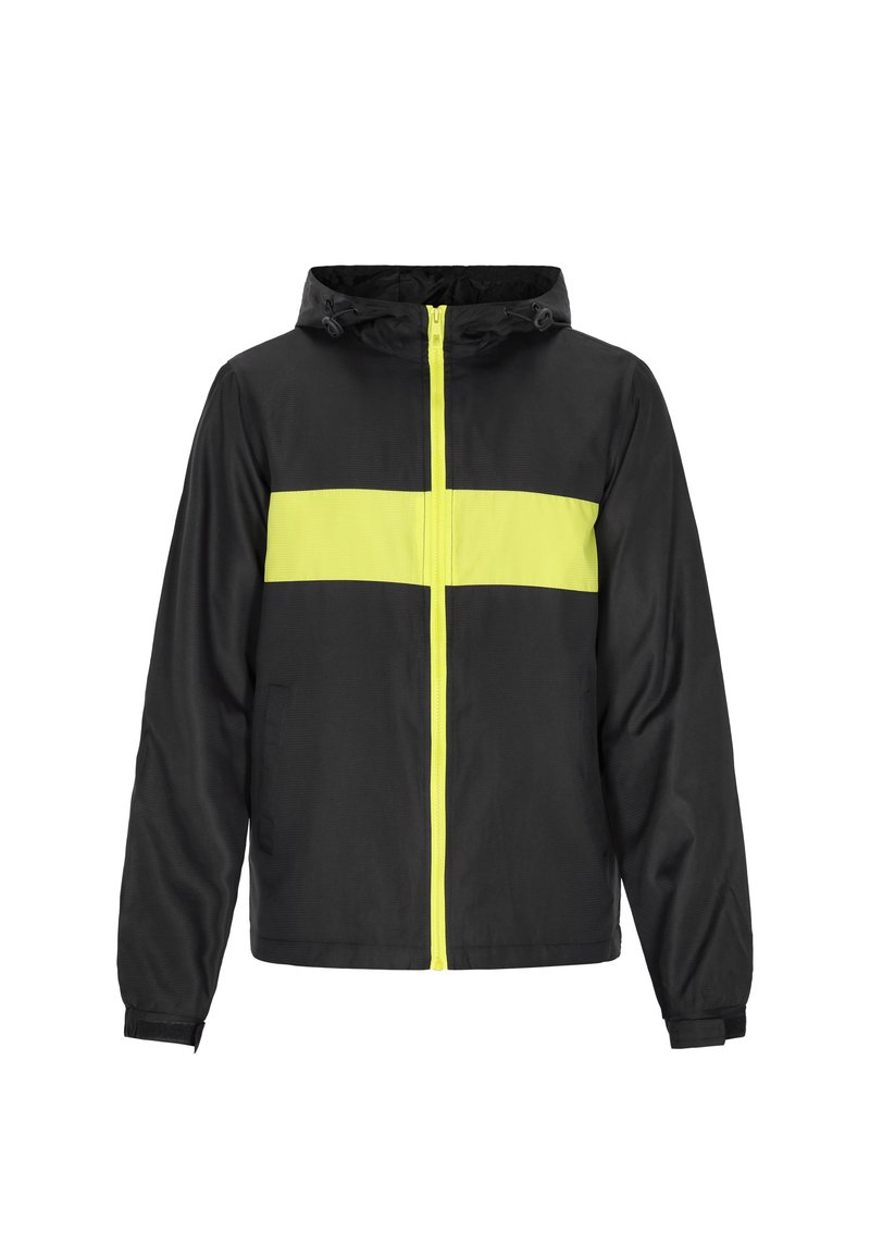 Černá bunda s jasně žlutým horizontálním pruhem přes hruď, přední zip, kapucí a elastickými manžetami. Hladká textura a nenáročný design.