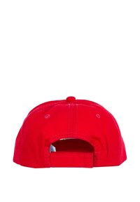 Red baseball cap with a rounded crown, stitched seams, adjustable strap at the back, and no visible logos or embellishments.