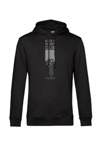 Felpa nera con cappuccio regolabile. La parte anteriore presenta un design grafico con il testo "IL NERO È IL MIO COLORE FELICE" in bianco.