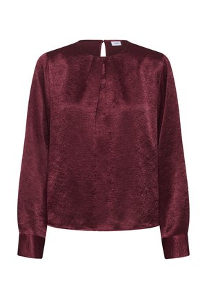 Blusa bordeaux a maniche lunghe in tessuto testurizzato, con scollatura rotonda, piega frontale e chiusura con bottone sulla parte posteriore.
