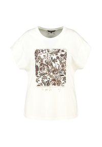 T-shirt blanc à manches courtes avec un motif floral dans des teintes de bordeaux et de gris ; présente un design carré et de légents accents texturés.