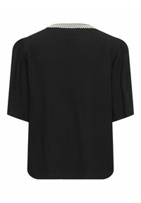 Blouse noire à manches courtes avec un galon tressé blanc autour de l'encolure ronde, vue de dos.