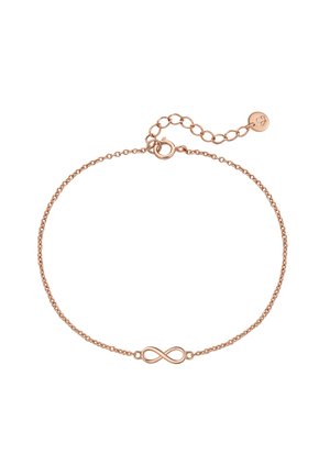 Rose gold chain bracelet featuring an infinity symbol centerpiece, intricate links, and an adjustable clasp with a dangling charm.