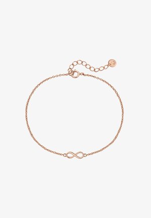 Rose gold chain bracelet featuring an infinity symbol centerpiece, intricate links, and an adjustable clasp with a dangling charm.