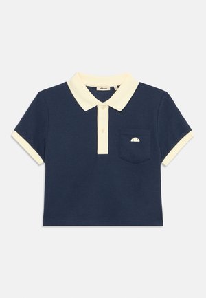 Marineblauw polohemd met korte mouwen en een crèmekleurige kraag, knoopsluiting, mouwboorden en een borstzak met een klein logo.