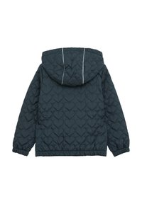 Donkerblauwe gewatteerde jas met een hartvormig patroon, voorzien van een capuchon, elastische manchetten en een aantrekkoord aan de onderkant.