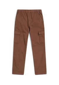 Pantaloni cargo marroni con elastico in vita, tasche laterali e due ampie tasche cargo su ciascun coscia. Realizzati in tessuto leggero.