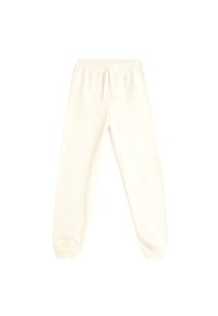 Pantalon de jogging crème clair avec une taille élastique, cordon de serrage ajustable et bas en côtes. Fabriqué dans un tissu doux et confortable.