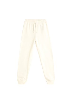 Pantalon de jogging crème clair avec une taille élastique, cordon de serrage ajustable et bas en côtes. Fabriqué dans un tissu doux et confortable.