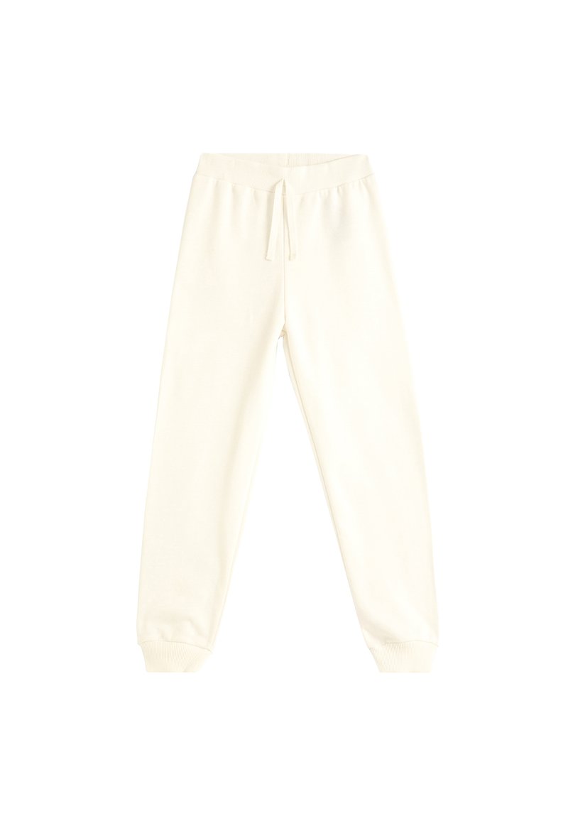 Pantalon de jogging crème clair avec une taille élastique, cordon de serrage ajustable et bas en côtes. Fabriqué dans un tissu doux et confortable.