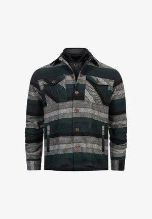 Kurtka w kratę w ciemnozielonym, czarnym i szarym kolorze. Posiada dwie kieszenie na piersiach z klapkami na guziki, zapięcie na guziki i gładką podszewkę.