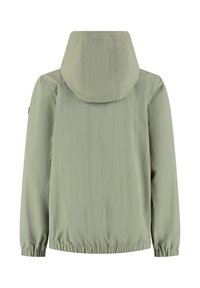 Lichtgroene jas met een capuchon, elastische manchetten en een verzamelde zoom. Gemaakt van lichtgewicht materiaal met een gladde textuur en minimale details.