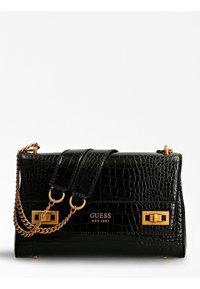 Schwarze Handtasche aus Krokodilprägung mit goldenen Beschlägen, ausgestattet mit einer Kettenriemen und einem vorderen Klappdeckel mit dem Markenlogo, strukturiertem Design und strukturierter Oberfläche.