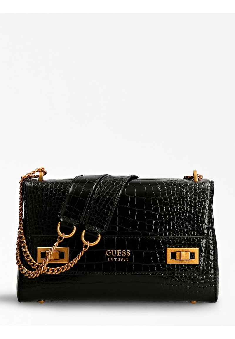 Schwarze Handtasche aus Krokodilprägung mit goldenen Beschlägen, ausgestattet mit einer Kettenriemen und einem vorderen Klappdeckel mit dem Markenlogo, strukturiertem Design und strukturierter Oberfläche.