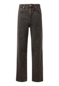 Hochgeschnittene gerade schwarze gewaschene Jeans aus Denim mit Knopf- und Reißverschluss, Front- und Gesäßtaschen sowie Gürtelschlaufen.