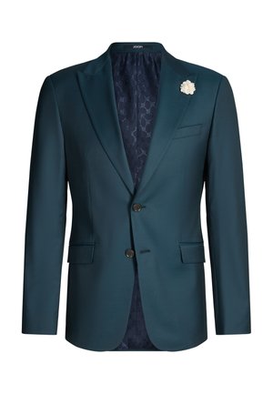 Męska marynarka w ciemnym kolorze morskim z dwoma guzikami, klapami typu notch, białą kwiatową przypinką, kieszeniami z patkami oraz wzorzystą, ciemnoniebieską podszewką.