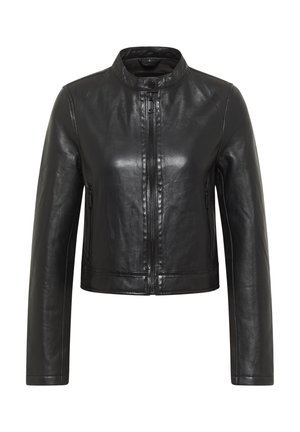 Schwarze Lederjacke mit Reißverschluss vorne, Stehkragen und langen Ärmeln. Glatte Textur und kurze Länge mit tailliertem Design.