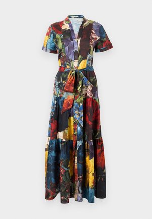 Maxi-jurk met bloemenpatroon, korte mouwen, een kraag en een gestrikte taille. Gemaakt van lichtgewicht stof in levendige kleuren.