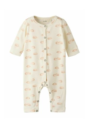 Tutina per neonato color crema con maniche lunghe e motivi beige di nuvole, con bottoni automatici sul davanti e lungo l'interno delle gambe.