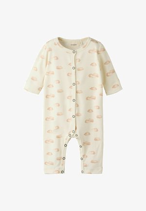 Tutina per neonato color crema con maniche lunghe e motivi beige di nuvole, con bottoni automatici sul davanti e lungo l'interno delle gambe.