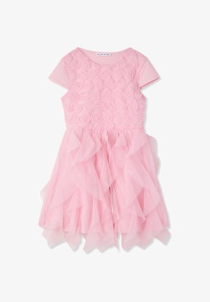 Vestito rosa con corpetto strutturato decorato con applicazioni floreali, maniche corte e gonna in tulle a strati con bordi arricciati.