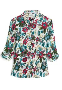 Langærmet skjorte med knaplukning og en farverig blomsterprint i røde, teal og grønne nuancer på en hvid baggrund. Tekstilt stof med opsmøgede ærmer.
