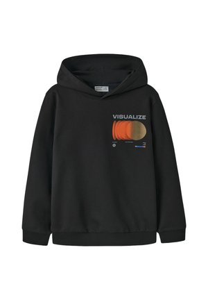 Sweat à capuche noir avec une capuche, présentant le mot "VISUALIZE" et un graphique circulaire superposé orange et beige sur la poitrine.