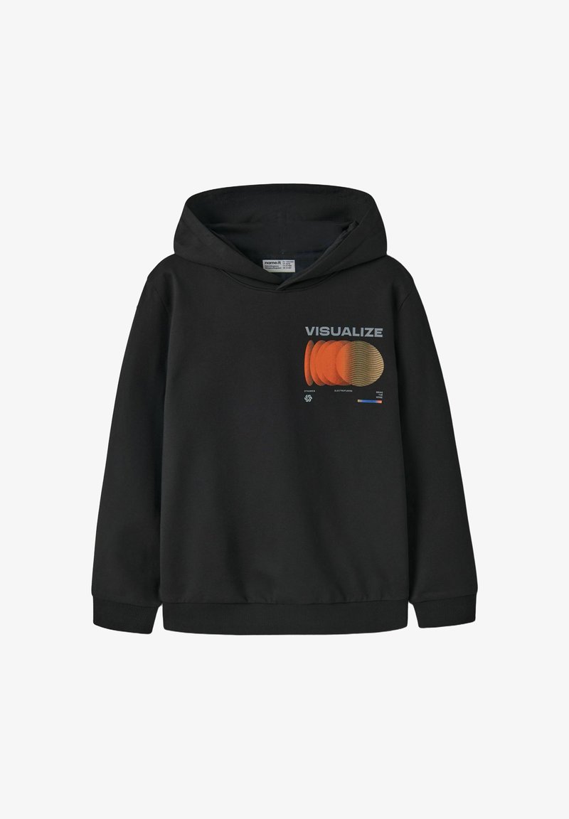 Sweat à capuche noir avec une capuche, présentant le mot "VISUALIZE" et un graphique circulaire superposé orange et beige sur la poitrine.