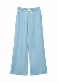 Pantaloni in denim larghi di colore azzurro chiaro con una vita elasticizzata, chiusura con cordoncino e due tasche laterali. Tessuto liscio con una vestibilità casual.