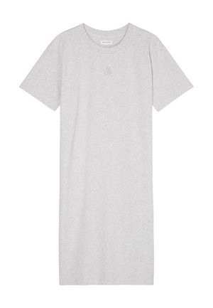 Szara sukienka T-shirt wykonana z miękkiej bawełny, z okrągłym dekoltem, krótkimi rękawami i subtelnym nadrukiem logo na klatce piersiowej. Prosty krój, długość do kolan.