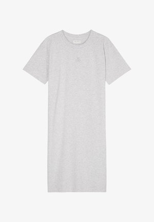 Grijze T-shirt jurk van zacht katoen met een ronde hals, korte mouwen en subtiele logo-opdruk op de borst. Rechte snit, knielange ontwerp.